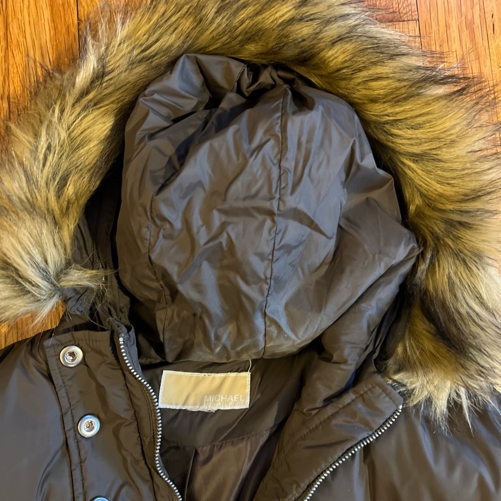 Michael Kors Brown Puffer Maxi Coat with Fur Hood - Picture 2 of 3